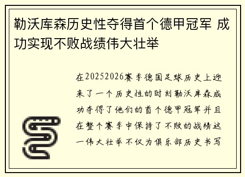 勒沃库森历史性夺得首个德甲冠军 成功实现不败战绩伟大壮举