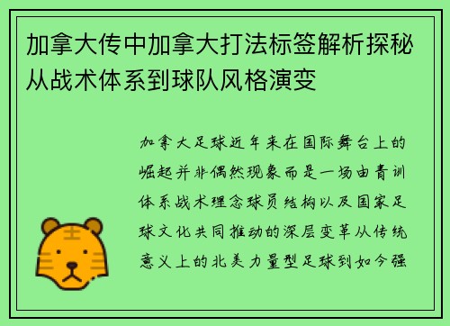 加拿大传中加拿大打法标签解析探秘从战术体系到球队风格演变
